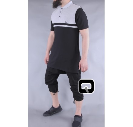 POLO MANCHES COURTES MARINIÈRE NOIR ET GRIS