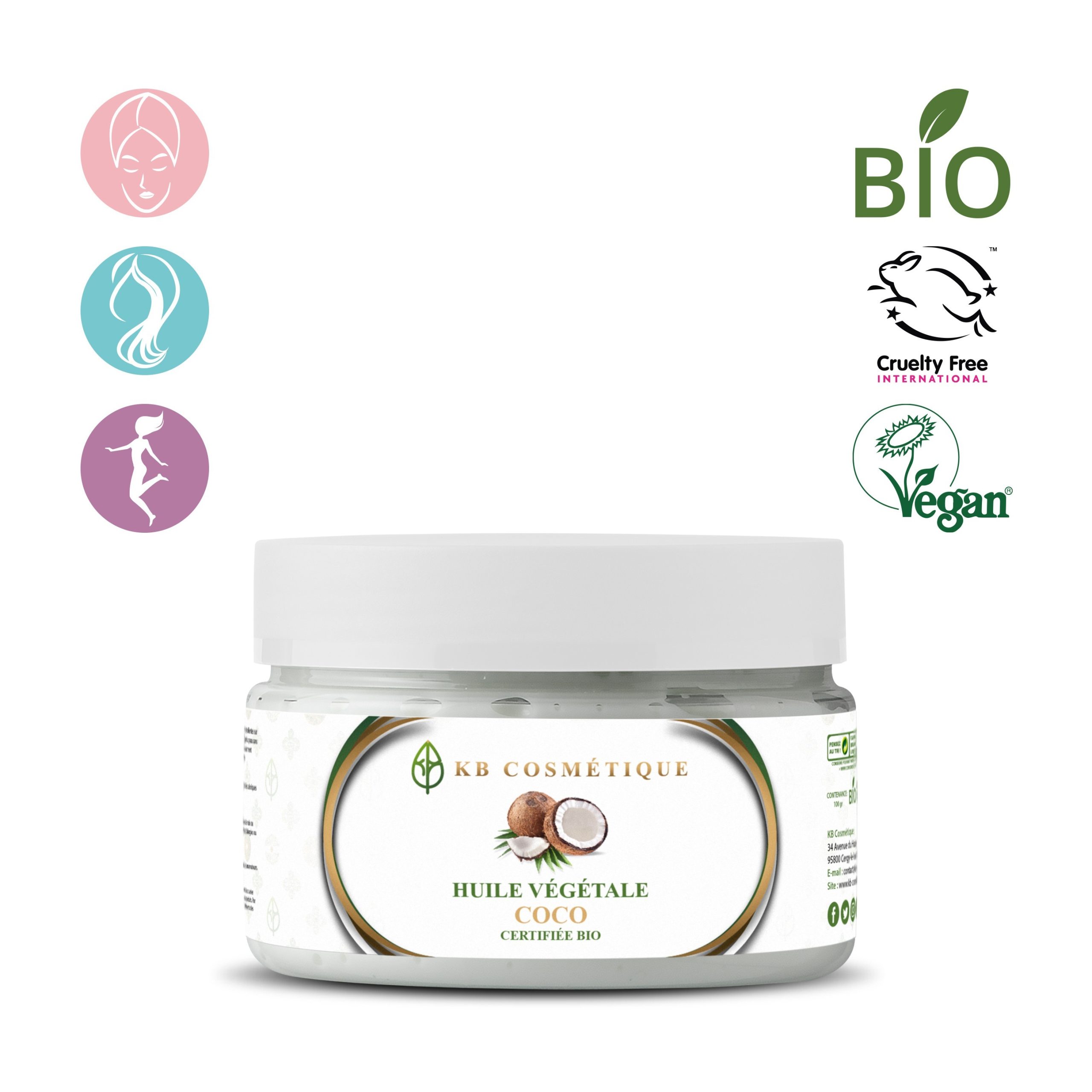 Huile Végétale de coco extra vierge certifiée bio KB COSMETIQUE Huile Végétale de coco extra vierge certifiée bio KB COSMETIQUE