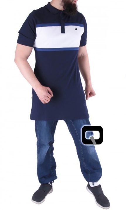 MANCHES COURTES, POLO À LARGE BANDE BLEU NUIT - BLEU INDIGO - BLANC