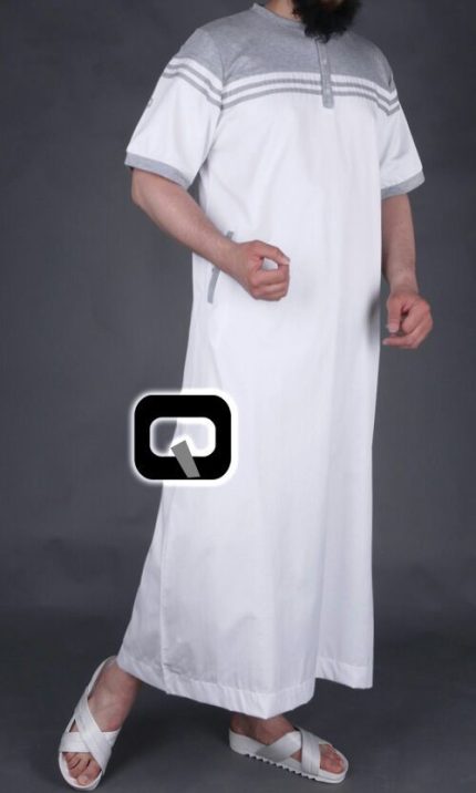 Qamis long Navy blanc & gris
