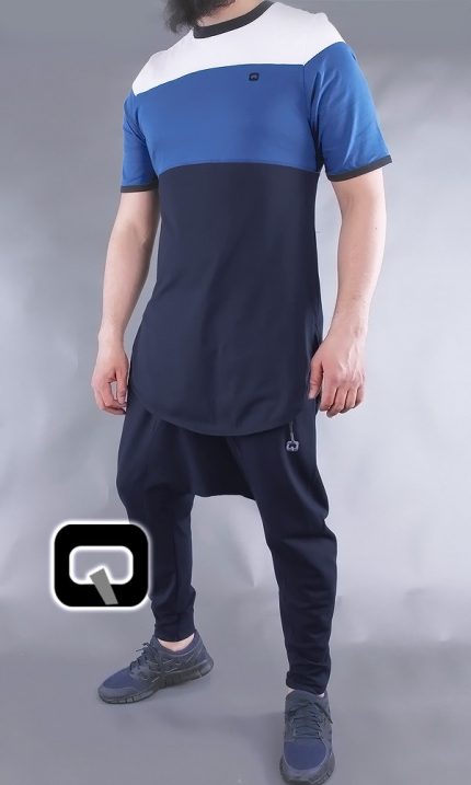 T-shirt manches courtes Qaba'il bleu nuit, bleu indigo et blanc