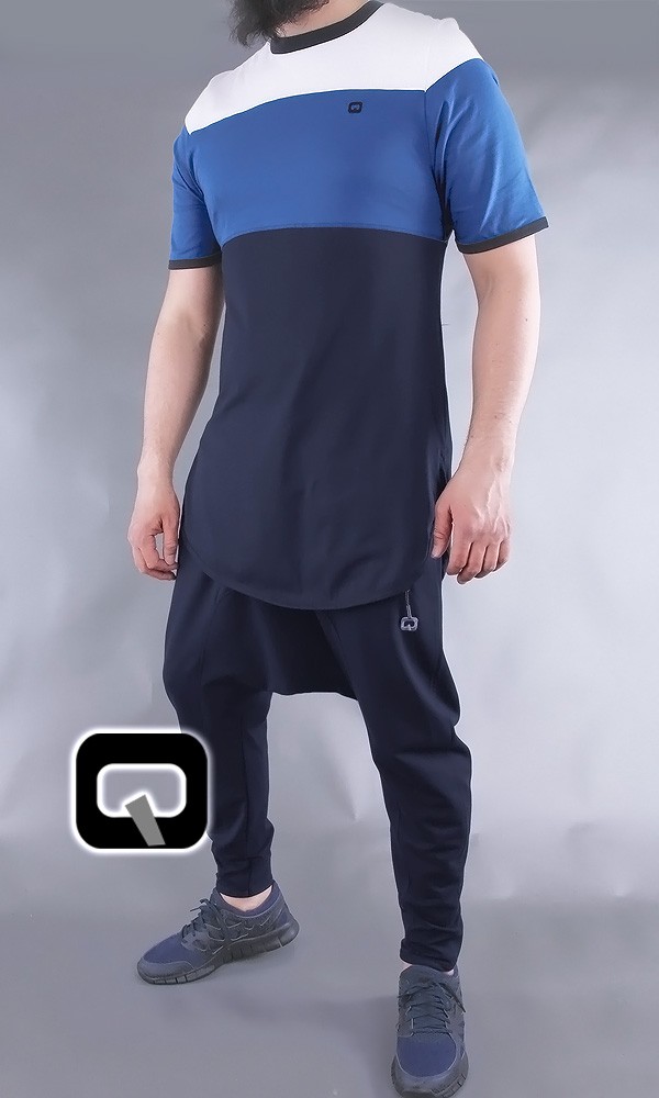T-shirt manches courtes Qaba'il bleu nuit, bleu indigo et blanc T-shirt manches courtes Qaba'il bleu nuit, bleu indigo et blanc