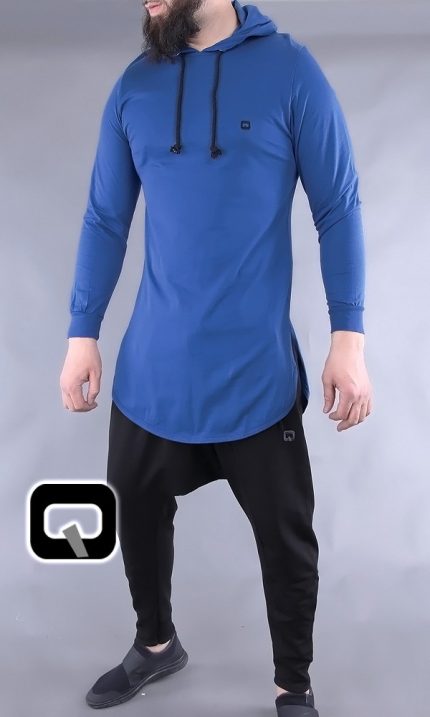 T-shirt manches longues à capuche Qaba'il bleu indigo